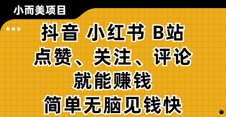 抖音/小红书/B站:点赞关注评论立赚!简单无脑当天见,纯零撸项目稳了!