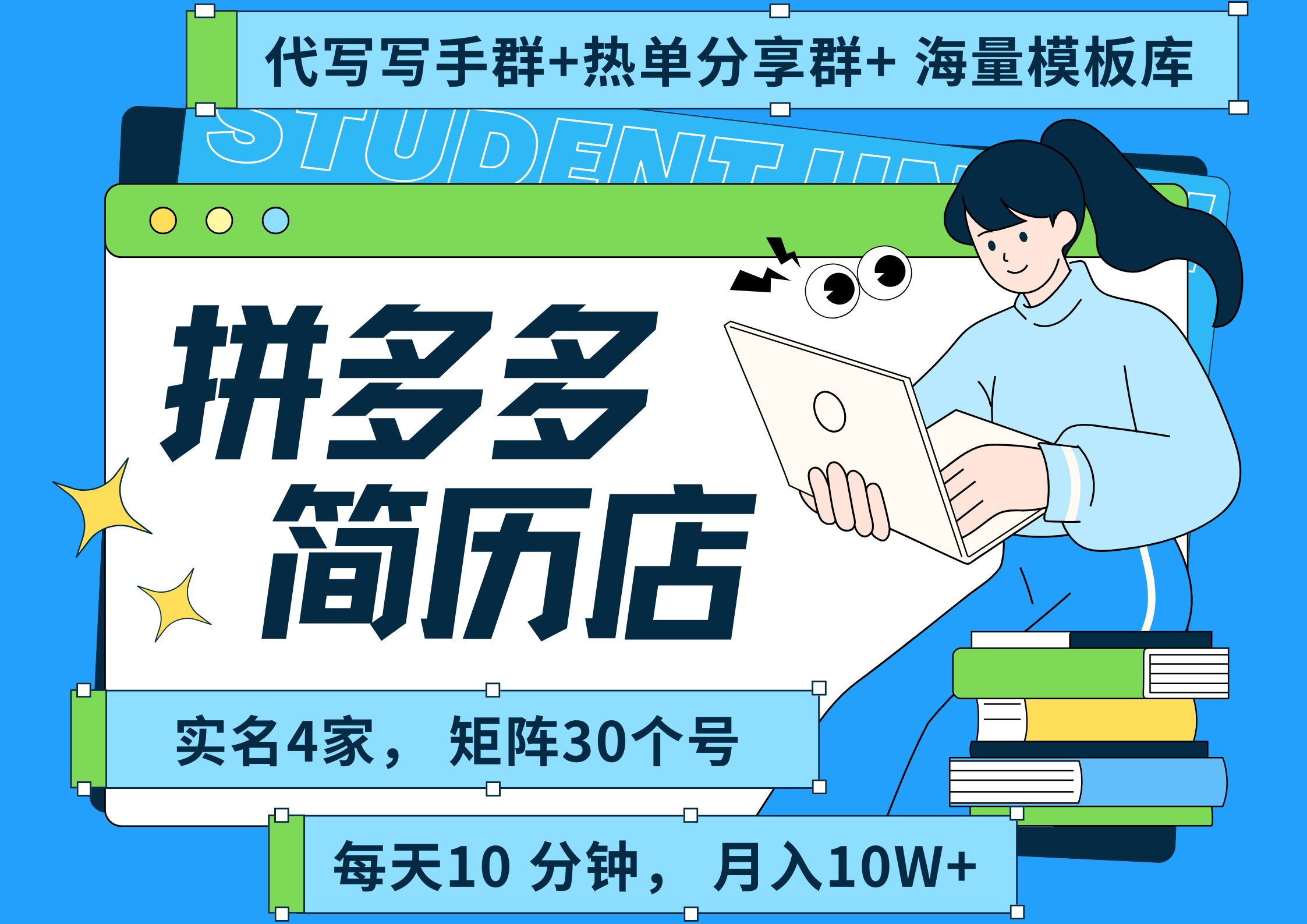拼多多虚拟资料/简历海报代写:全SOP流程毫无保留(含后端资料+代写渠道),每天十分钟,实名四店矩阵30账号,轻松月入10W