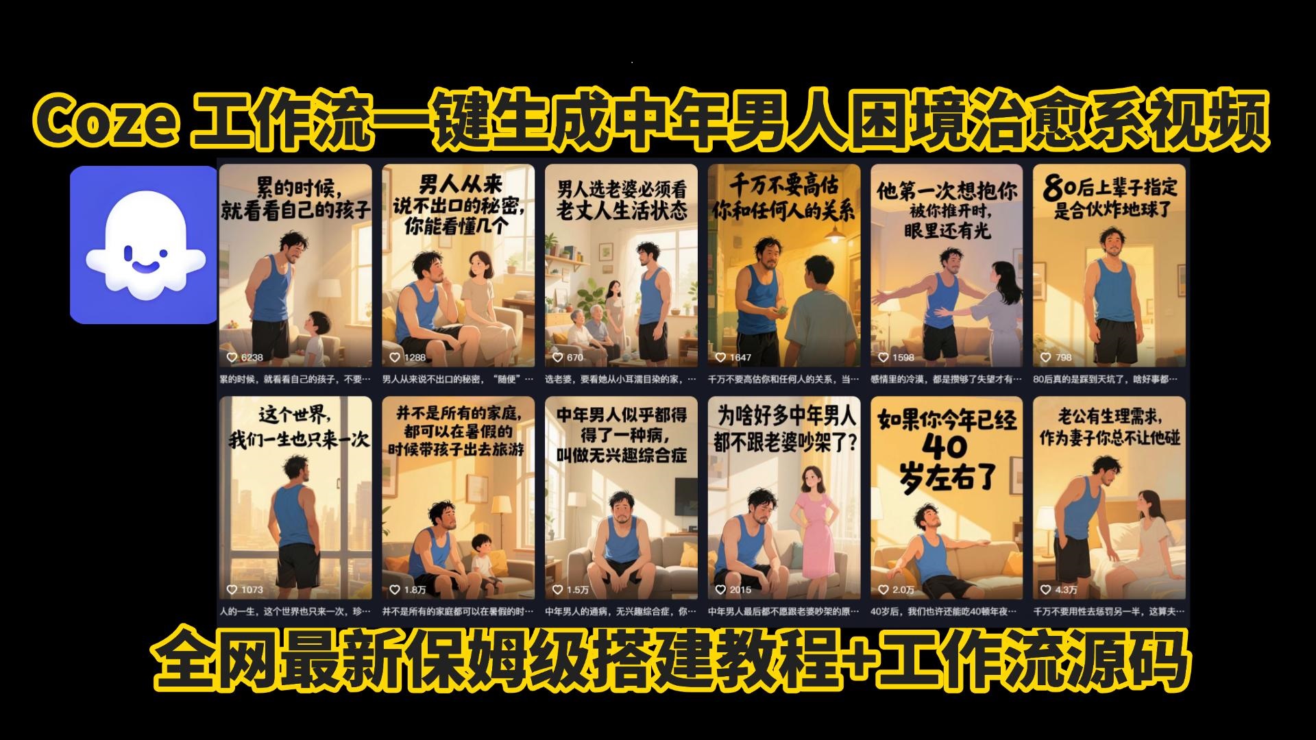 Coze工作流一键生成:中年男人困境涨粉高播放量,保姆级智能体拆解教程(无需剪辑拍摄+写文案)