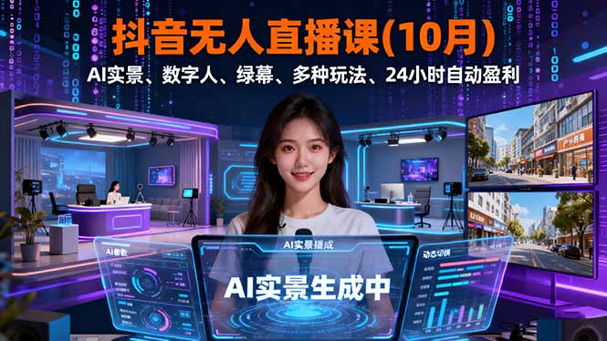10月抖音无人直播课:AI实景+数字人+绿幕多玩法,24小时自动盈利全攻略