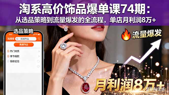 74期淘系高价饰品爆单课：从选品策略到流量爆发全流程，单店月利润8万+实战拆解