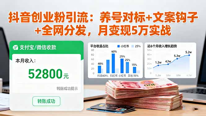 月变现5万！抖音创业粉引流全攻略：养号对标+文案钩子+全渠道分发实战