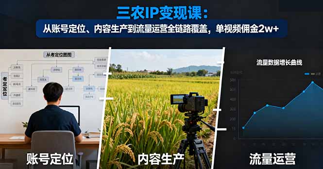 三农IP变现课:账号定位、内容生产到流量运营全链路,单视频佣金2w+实战