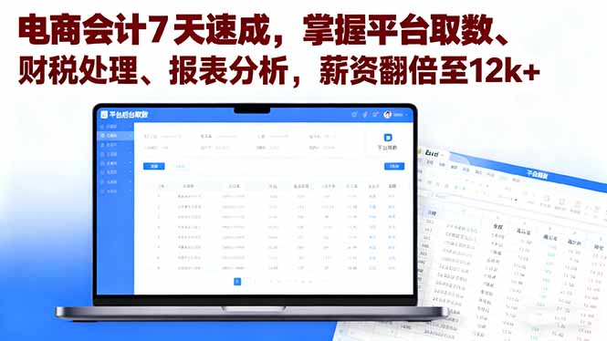 电商会计7天速成:平台取数+财税处理+报表分析,薪资翻倍至12k+