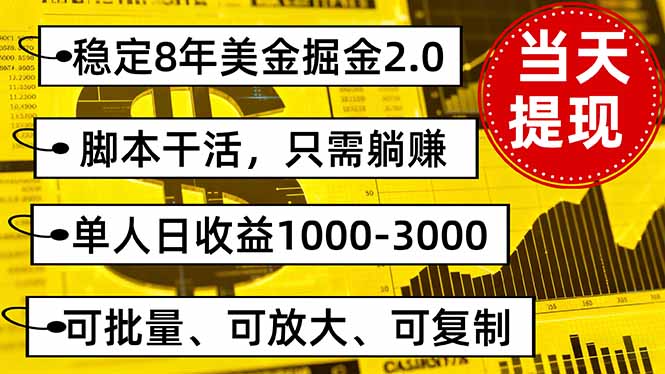 稳定8年美金掘金2.0脚本:躺赚单人日收益1000-3000,可批量操作
