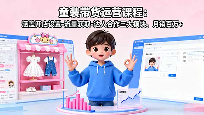 童装带货运营课程:从开店设置到达人合作,涵盖流量获取3大模块,实战教学月销百万+