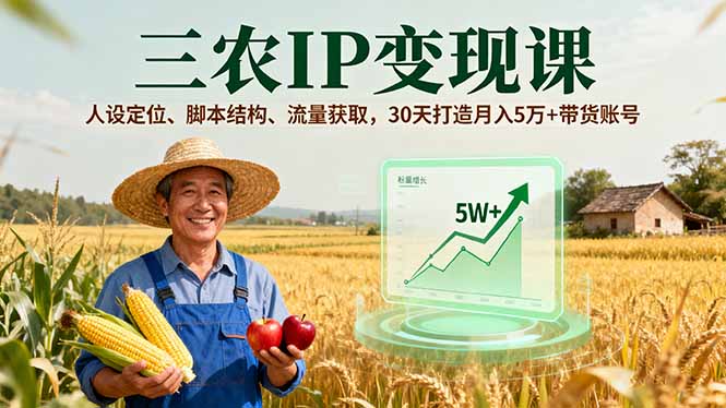 三农IP变现:30天从0到1!人设定位+脚本结构+流量获取,打造月入5万+带货账号