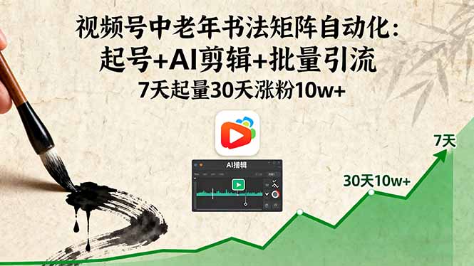 视频号中老年书法矩阵自动化:起号+AI剪辑+批量引流,7天起量30天涨粉10w+攻略