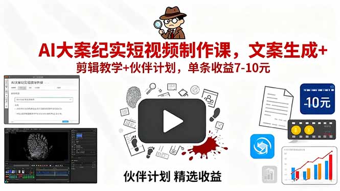 AI大案纪实短视频制作课:文案生成+剪辑教学+伙伴计划,单条收益7-10元