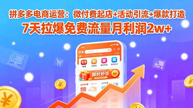 拼多多电商运营秘籍:微付费起店+活动引流+爆款打造,7天拉爆免费流量,月利润2w+