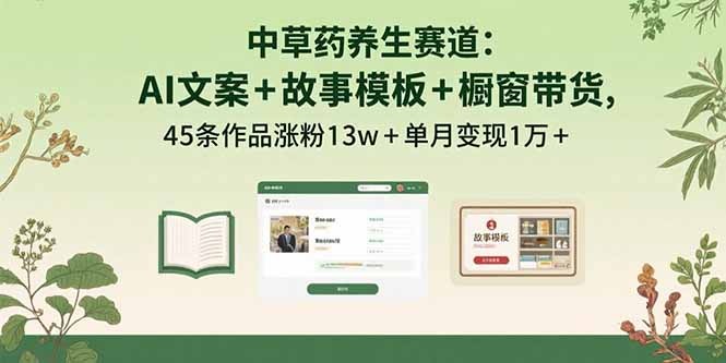 中草药养生赛道：AI文案+故事模板+橱带货，45条作品实现13w+涨粉与单月1w+变现
