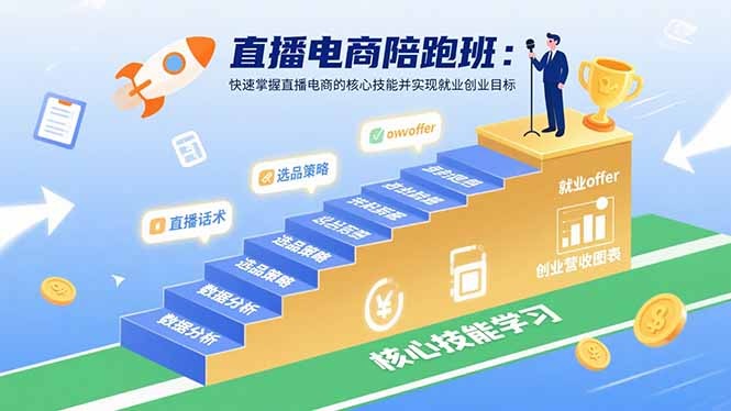 直播电商陪跑班:30天速成核心技能,就业创业双保障