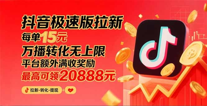 抖音极速版拉新:平台大力扶持!每单15元稳赚,万播转化无上限,额外满额奖励拿到手软