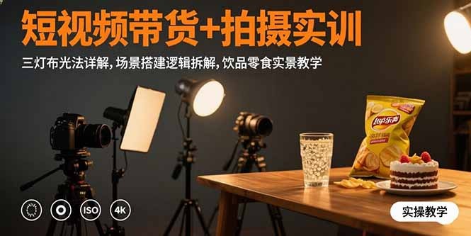 短视频带货拍摄实训:三灯布光法详解+场景搭建逻辑拆解+饮品零食实景教学