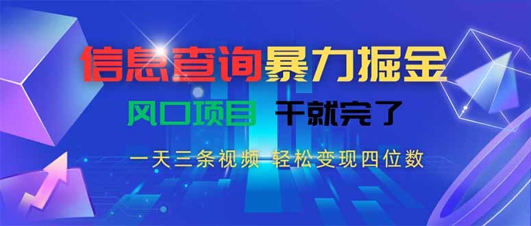 信息查询暴力掘金:一天三条视频,轻松变现四位数!风口项目,干就完了!