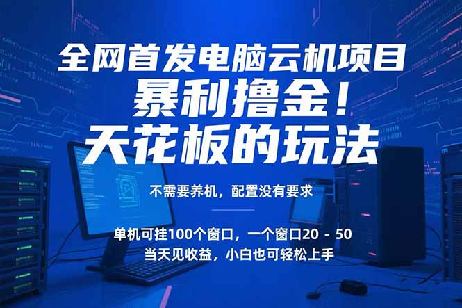 电脑云机项目:暴力撸金玩法无需养机配置无要求,单机开100窗口单日收益20-50
