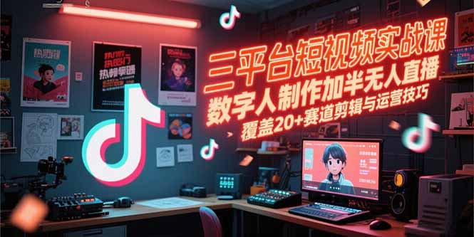 三平台短视频实战课：数字人制作+半无人直播，覆盖20+赛道剪辑运营全攻略