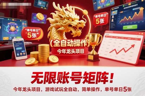 无限账号矩阵！2024龙头项目：游戏试玩全自动操作，单号单日5张收益【深度揭秘】