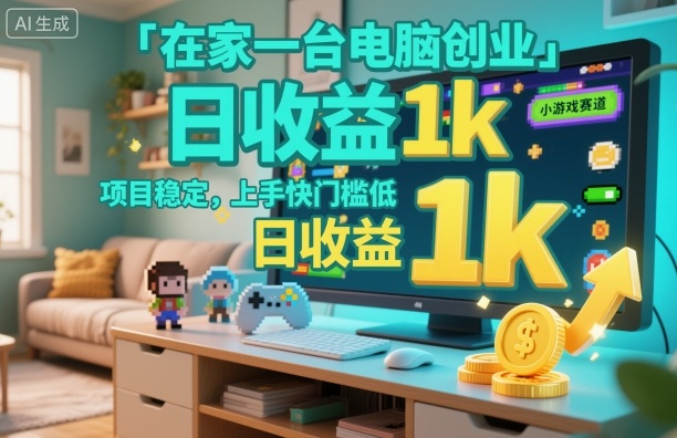 1台电脑在家创业：小游戏日收益1k+，稳定低门槛项目操作揭秘