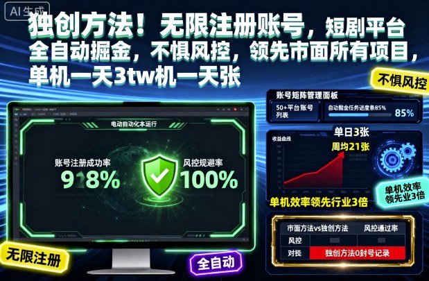 【揭秘】短剧自动掘金新打法：无限注册账号不惧风控，单机日赚3张领先同行！
