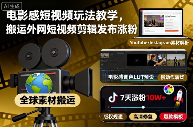 电影感短视频教程：搬运外网素材剪辑发布，涨粉技巧全攻略
