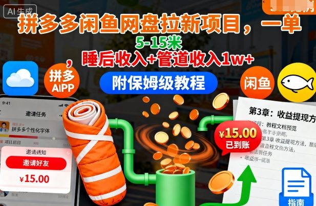 拼多多闲鱼网盘拉新项目：一单5-15元，睡后+管道收益月入1w+（保姆级教程附）