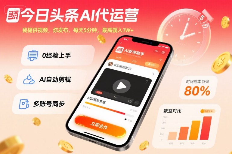 今日头条AI代运营：你出视频我发布，每天5分钟轻松做，最高躺赚1W+！揭秘