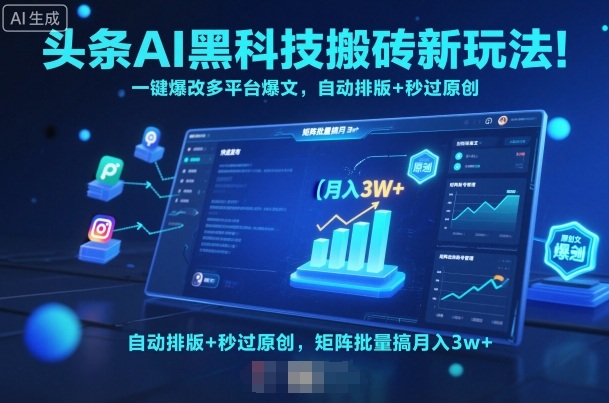 AI多平台搬砖新玩法：一键爆改爆文+自动排版秒过原创，矩阵批量操作月入3w+【揭秘】