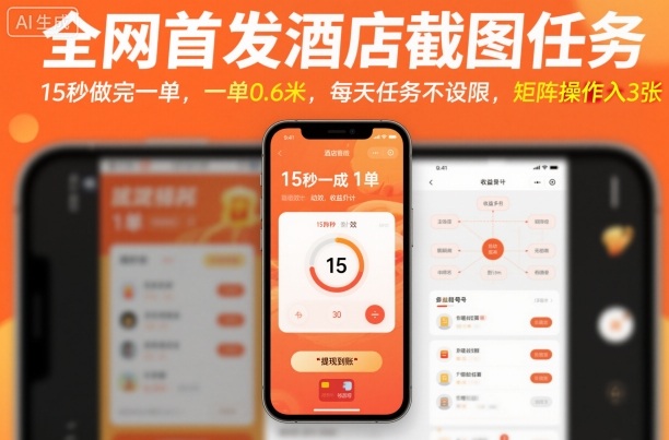 揭秘：全网首发酒店截图任务，15秒一单0.6元，任务不设限+矩阵操作，日入300元