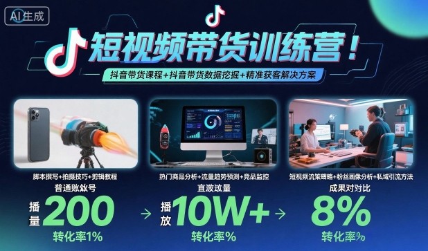 短视频带货训练营：抖音带货课程+数据挖掘+精准获客解决方案
