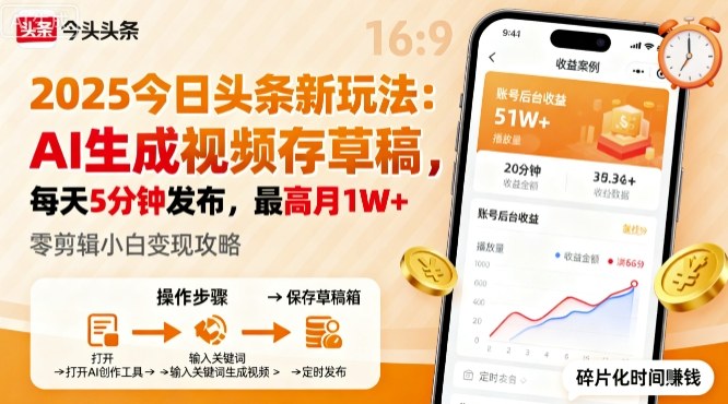 2025今日头条躺賺新方法：AI生成视频草稿发布，每天5分钟，月入1W+揭秘