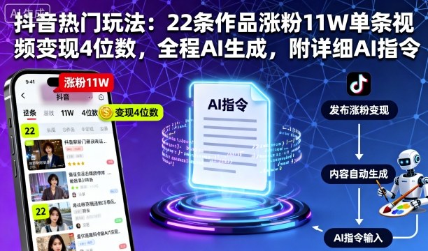 抖音AI涨粉玩法：22条作品涨粉11W+，单条变现4位数，全程AI生成附详细指令