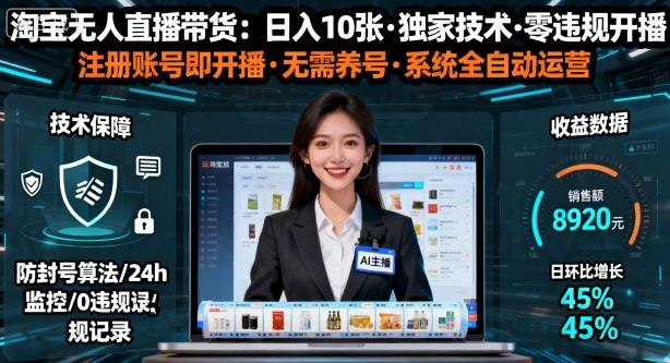 淘宝无人直播带货【最新揭秘】：独家技术无违规封号，注册直接开播日入10张，不用养号！