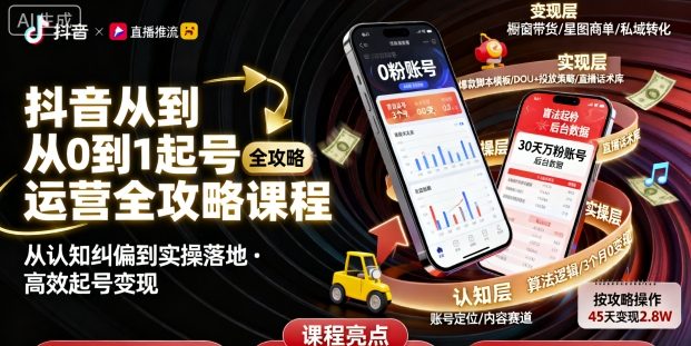 抖音0到1起号运营全攻略课程：认知纠偏+实操落地，高效起号变现指南