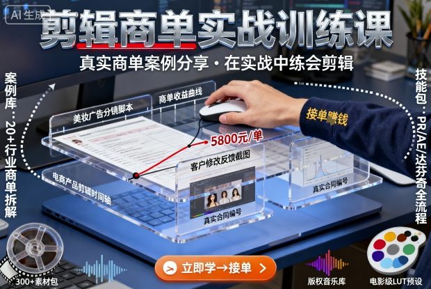 剪辑商单实战训练课：真实案例拆解+实战练手，从0到1练会接单剪辑