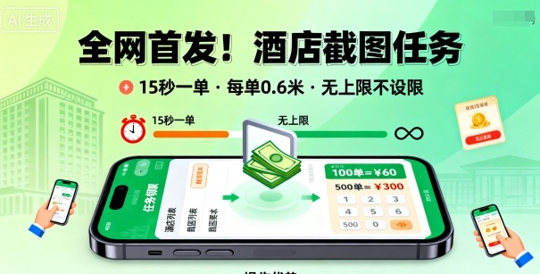 全网首发！酒店截图任务15秒一单，0.6元/单无上限，矩阵操作单日3张+收益揭秘