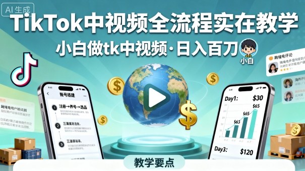TikTok中视频全流程实操：小白从0到日入百刀，保姆级教学指南