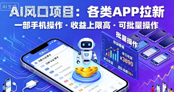 2024AI风口项目：一部手机操作APP拉新，低门槛高收益，可批量操作
