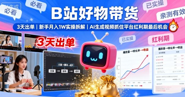 新手B站带货：AI生成视频3天出单，月入1W实操拆解，抢占红利期末班车