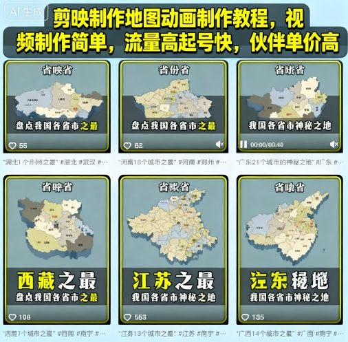 剪映地图动画教程：零基础轻松学，流量高起号快，伙伴单价翻倍