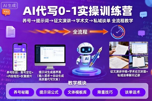 AI代写从0到1实操实战营：养号+提示词+征文演讲+学术文+私域谈单全流程系统教学