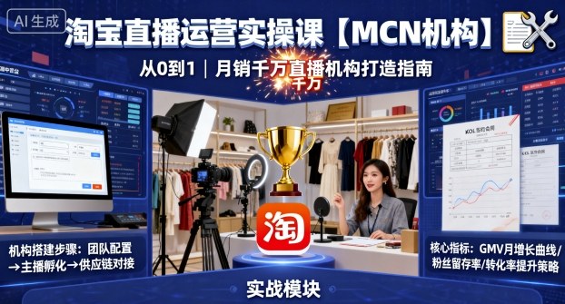 MCN机构必学！淘宝直播运营实操课：从0到1打造月销千万直播机构全攻略