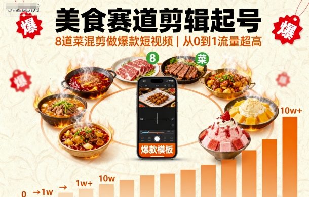 从0到1！美食剪辑起号：8道菜混剪爆款教程，流量超高保姆级指南
