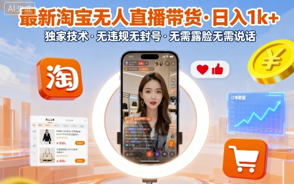 日入1k+！淘宝无人直播带货独家技术，无违规无封号无需露脸，新手操作全揭秘