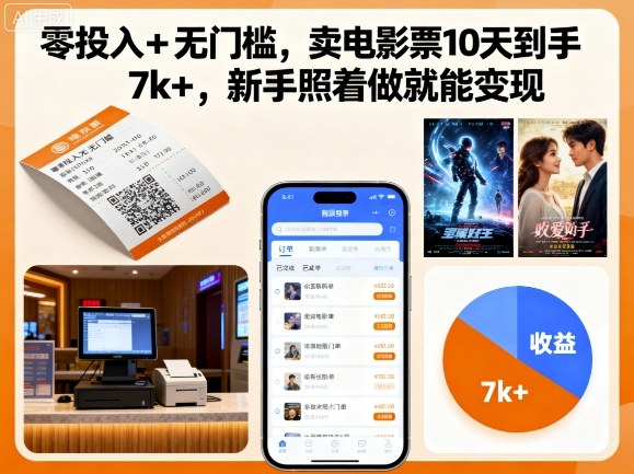 零投入无门槛！卖电影票10天赚7k+，新手跟做就能变现（揭秘实操）