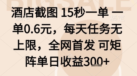 酒店截图副业：15秒赚0.6元，任务无上限，矩阵操作单日300+【全网首发揭秘】