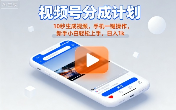 视频号分成计划懒人玩法：10秒生成视频，手机一键操作，新手小白轻松日入1K【揭秘】