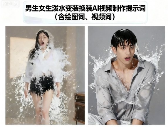 男女泼水变装换装AI视频制作提示词（含绘图词+视频词）