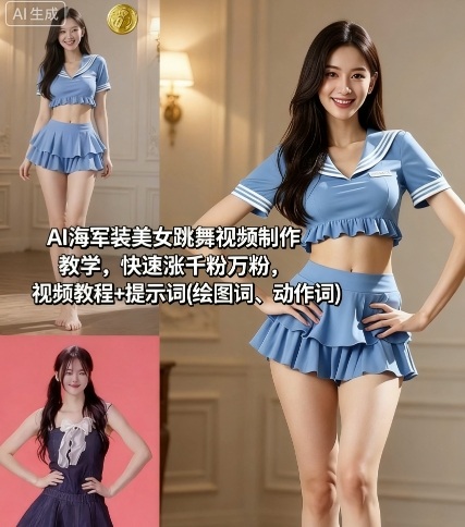 AI海军装美女跳舞视频制作教程：快速涨千粉万粉+绘图/动作提示词全解析