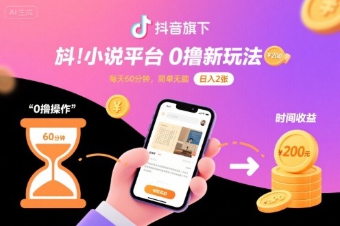 抖音小说平台0撸新玩法：每天挂G60分钟，简单无脑操作，日入2张收益【揭秘】